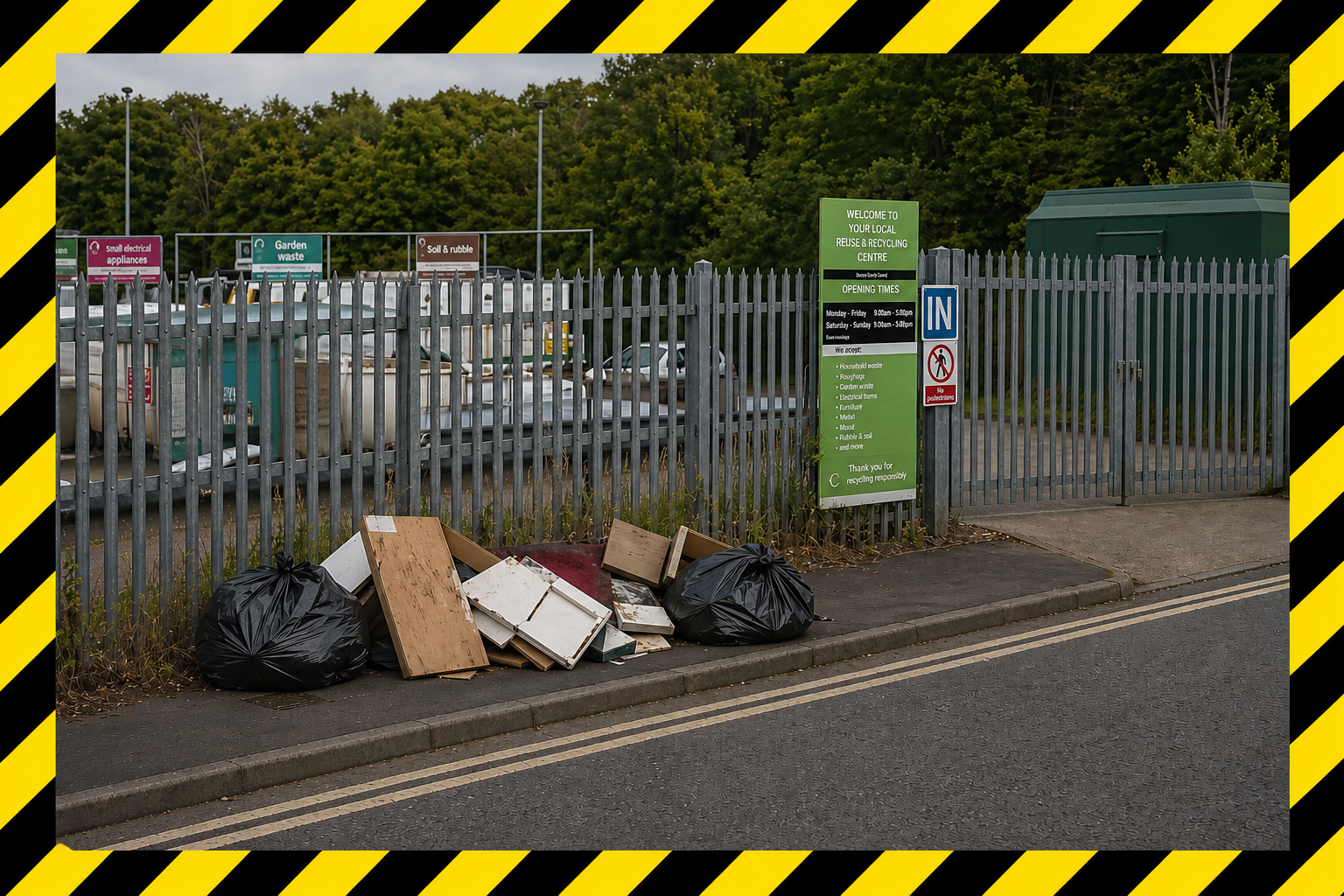 A pile of waste left in front of gates at a Household Recycling Centre.